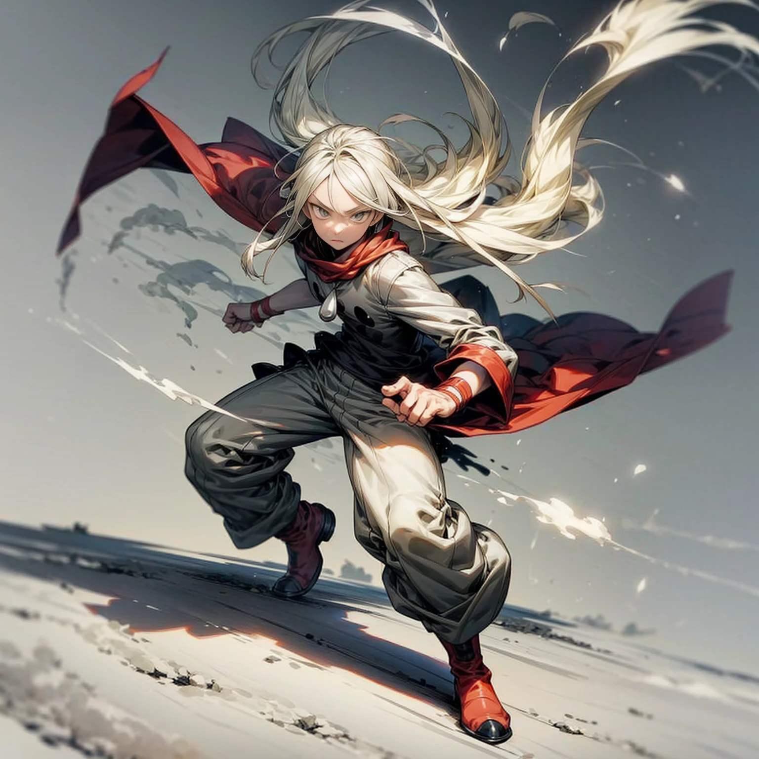 1**********, Full body version, 1character, green eyes color, milk skin, long hairstyle, gray colour hair, muscle, minimalisty style clothing, red pegged pants, boots, Grassroots background in field snow, motion blur, (one piece style art), smoke, shadow, battle gesture, lighting fire, 