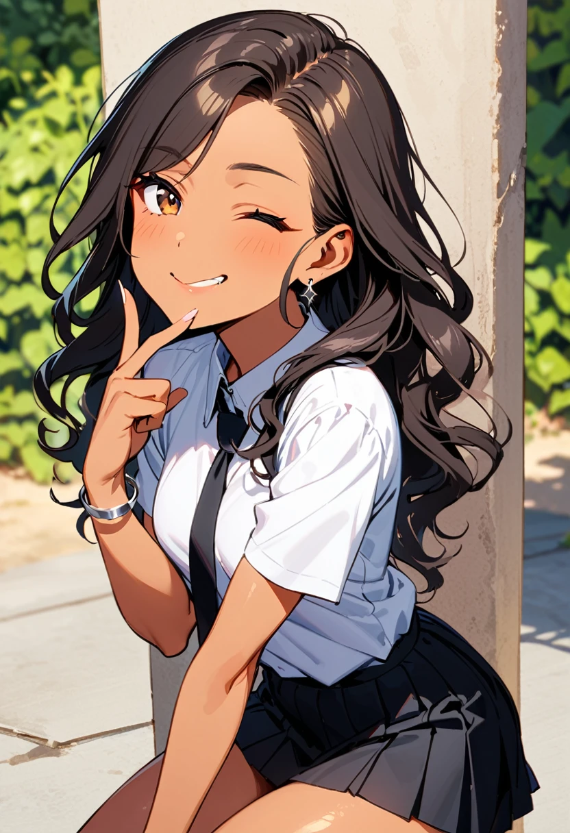 a woman, 19-years-old, solo, mature face, average height, tan skin, (long black wavy hair that's parted in the middle, no bangs:1.2), brown eyes, winking, one eye closed, white blouse, short sleeves, black necktie, black high-waisted pleated skirt, small silver earrings, silver bracelet, leaning back against concrete pillar, indoor, playfully biting finger, thighs