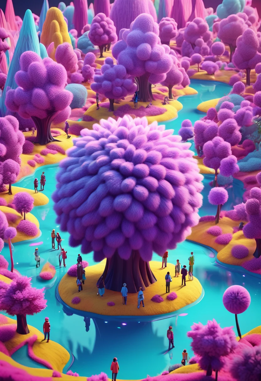 3d trippy fluffy cartoonish style illustration of people on earth, artwork made in style of obscure , rendered in unreal engine, digital art,simple composition with interacting perspective depth and illusions