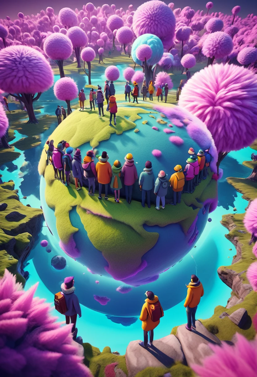 3d trippy fluffy cartoonish style  illustration of people on earth, artwork made in style of obscure , rendered in unreal engine, digital art,simple composition with interacting perspective depth and illusions