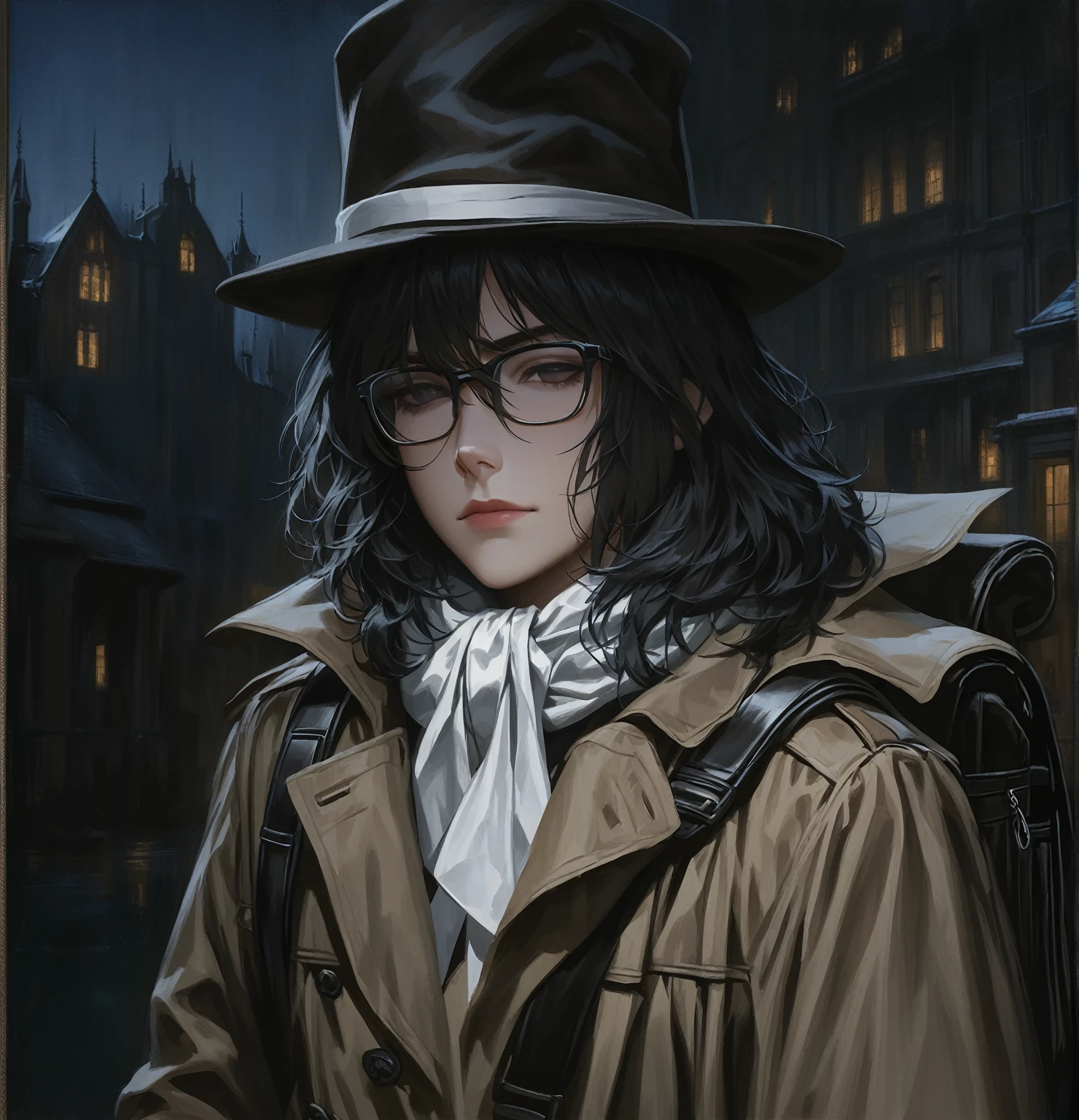 ((adult)), (woman), ((tall)), ((Ryoshu from Limbus company)) , masterpiece, best quality, dark aura,
short black hair, glasses, plain white shirt, brown coat, black pants, white kerchief around neck, carrying a robust leather bagpack, hat, (faint smile), realistic anime style, (oil painting), dark old manor background, night, impasto.