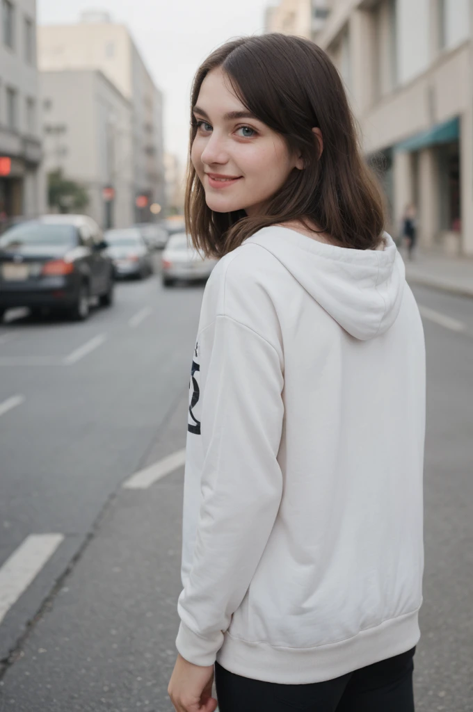 Photo of a beautiful girl,Wearing casual shirt、Hoodies and leggings, City Streets, Messy medium-length hair, slim, Rear view, Upper body photo, Looking at the camera, Lovely smile, Shallow depth of field