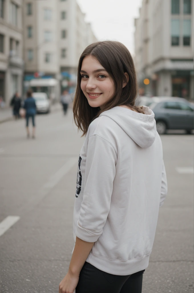 Photo of a beautiful girl,Wearing casual shirt、Hoodies and leggings, City Streets, Messy medium-length hair, slim, Rear view, Upper body photo, Looking at the camera, Lovely smile, Shallow depth of field