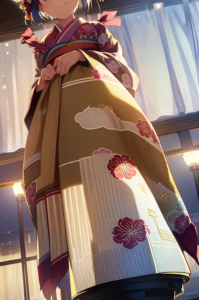 Movie angle,night,null,Beautiful Clouds,Detailed Background,constellation,starry null, One girl,alone,Shiny skin,Tilt your head,smile,whole body,Wide Shot,(kimono, Floral print, heart, ribbon, yukata:1.2),Crystal of snow,Knee socks,Reflection Bed, whole body, (8K, RAW Photos, Highest quality, masterpiece:1.2, masterpiece8K.High resolution. High resolutionの不条理:1.2, Film Grain, Blurry bokeh:1.2, Lens flare, (Bright colors:1.2), (delicate))