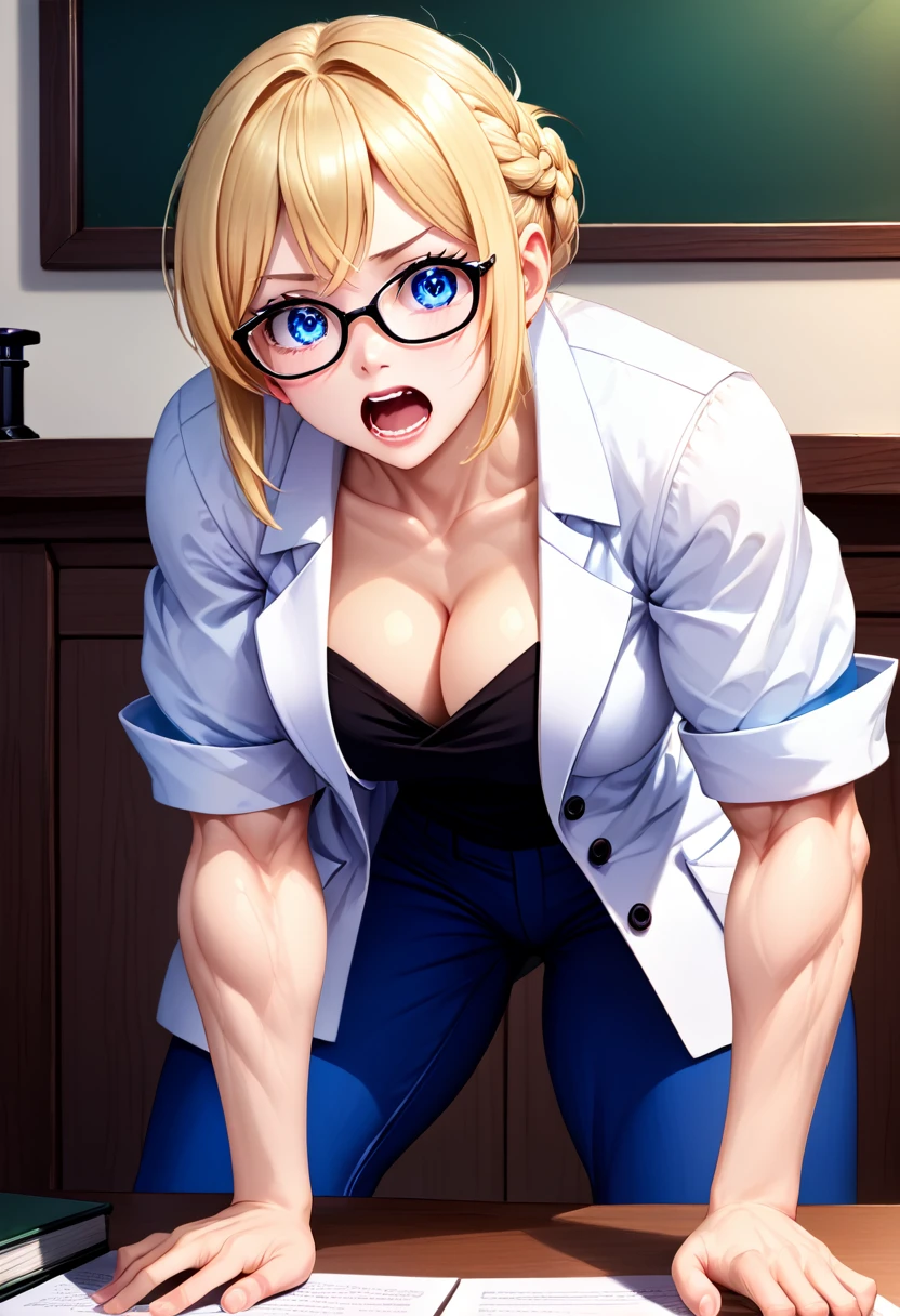 detailed illustration, dynamic angle, ultra-detailed, illustration, clean line art, shading, anime, detailed eyes, detailed face, beautiful face, dramatic lighting, ultra-detailed, illustration, single woman, masterpiece, masterwork, beautiful, blue eyes, show whole body in shot, head to toe in picture,

Thin, willowy, lithe, a cup breasts, narrow hips, creamy white skin, pale skin tone, blonde hair in a french braid with bangs, lab coat, glasses, professional, shy, quiet, mousy, conservatively dressed, puritanical, college age, look of pain on face, yelling, veins bulging, hunched over, hugging self, in pain, hurt, clothes ripping, muscles bulging, muscles growing, legs curled up, clothes too tight, clothes too small, clothes ripping from bulging muscles, big veins on face, eyes blood shot, too tall for pants, pants ripping at the seams,