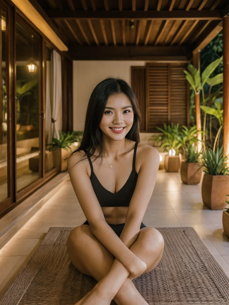 Jasmine, 1girl, solo, realistic, photorealistic, high quality picture, 8k, high resolution, detailed quality, film grain, natural photo, ultrarealistic, (((25-years-old))), ((detailed wrinkles in her face)), FILIPINA, (Background: Thailand), (((SLIM))), ((THIN)), (Slender) ((Jet-black hair)), Light smile, fully clothed, Pose: Sitting, ((sitting on her patio in her house in Thailand)), Night time, full shot