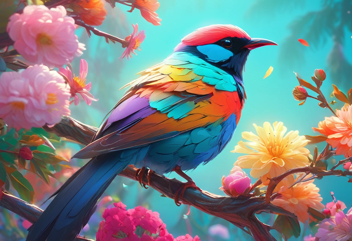 Colorful bird perched on a tree branch with flowers in the background２Feather bird, A good friend,Digital Painting by Beeple, Trending on CGSociety, Fantasy art, Beautiful digital art, Colors with attention to detail, Highly detailed digital artwork, 鳥 f cgsociety, cgsociety Saturated colors, Highly detailed color low poly art, Highly detailed digital art, Vibrant and realistic colors