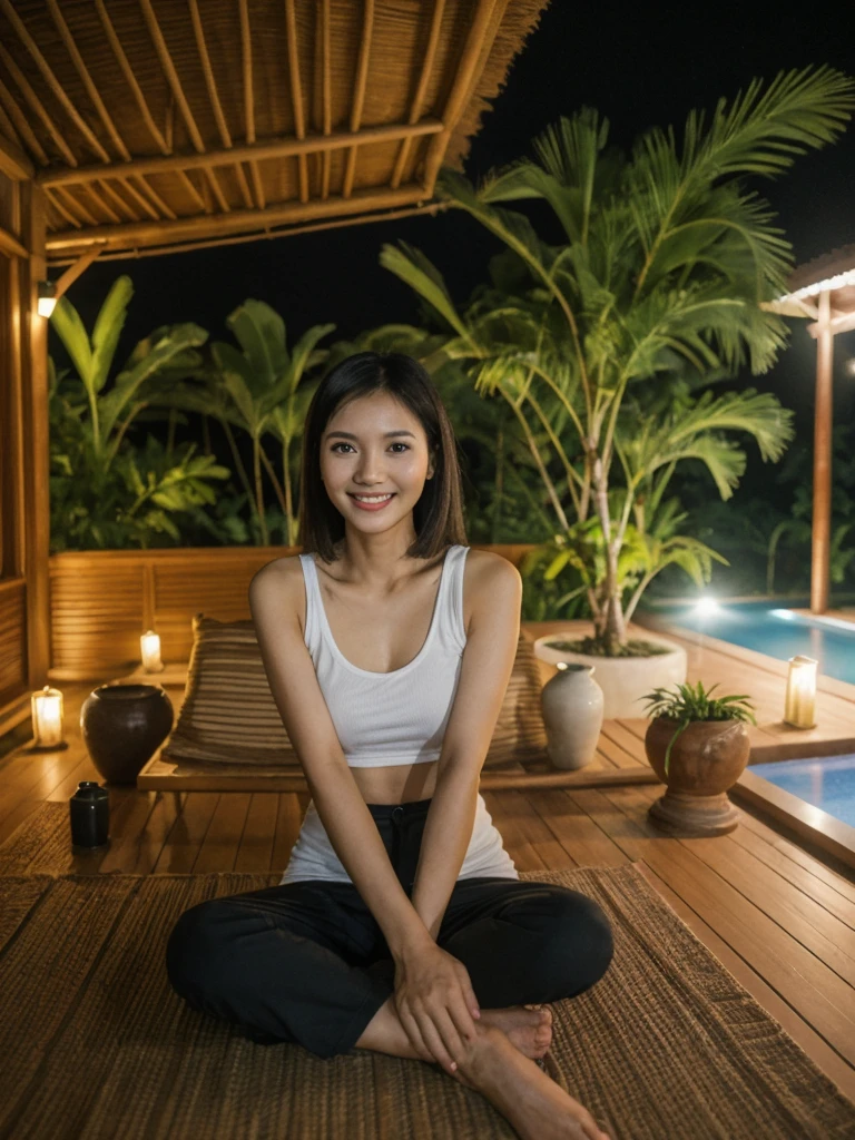 Jasmine, 1girl, solo, realistic, photorealistic, high quality picture, 8k, high resolution, detailed quality, film grain, natural photo, ultrarealistic, (((25-years-old))), ((detailed wrinkles in her face)), FILIPINA, (Background: Thailand), (((SLIM))), ((THIN)), (Slender) ((Jet-black hair)), Light smile, fully clothed, Pose: Sitting, ((sitting on her patio in her house in Thailand)), Night time, full shot