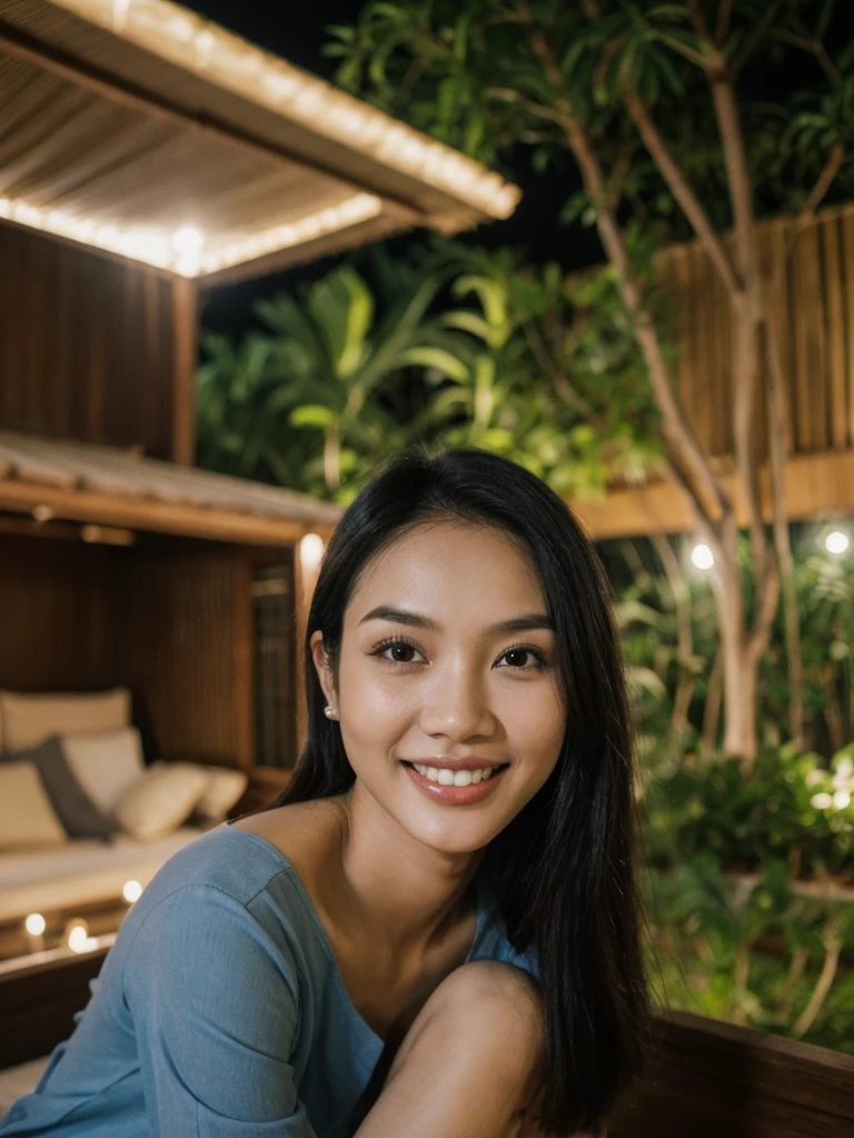 Jasmine, 1girl, solo, realistic, photorealistic, high quality picture, 8k, high resolution, detailed quality, film grain, natural photo, ultrarealistic, (((25-years-old))), ((detailed wrinkles in her face)), FILIPINA, (Background: Thailand), (((SLIM))), ((THIN)), (Slender) ((Jet-black hair)), Light smile, fully clothed, Pose: Sitting, ((sitting on her patio in her house in Thailand)), Night time, full shot