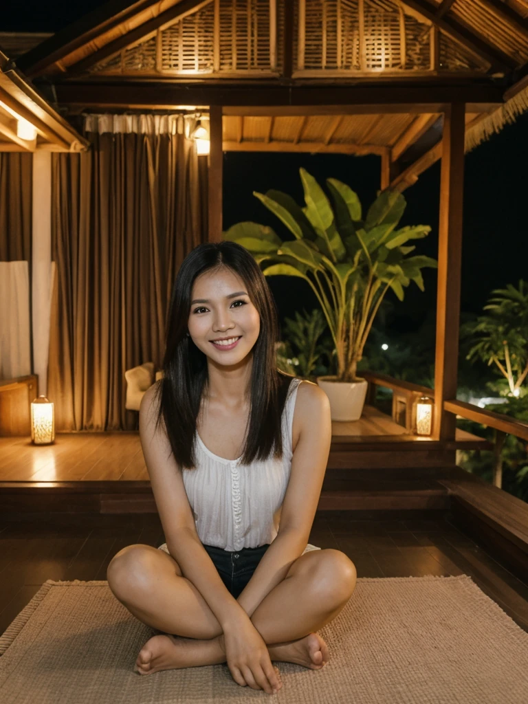 Jasmine, 1girl, solo, realistic, photorealistic, high quality picture, 8k, high resolution, detailed quality, film grain, natural photo, ultrarealistic, (((25-years-old))), ((detailed wrinkles in her face)), FILIPINA, (Background: Thailand), (((SLIM))), ((THIN)), (Slender) ((Jet-black hair)), Light smile, fully clothed, Pose: Sitting, ((sitting on her patio in her house in Thailand)), Night time, full shot