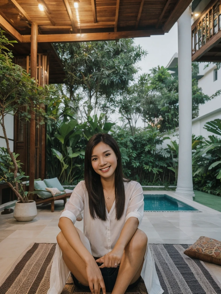 Jasmine, 1girl, solo, realistic, photorealistic, high quality picture, 8k, high resolution, detailed quality, film grain, natural photo, ultrarealistic, (((25-years-old))), ((detailed wrinkles in her face)), FILIPINA, (Background: Thailand), (((SLIM))), ((THIN)), (Slender) ((Jet-black hair)), Light smile, fully clothed, Pose: Sitting, ((sitting on her patio in her house in Thailand)), Night time, full shot