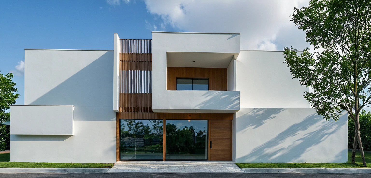 Masterpiece, high quality, best quality, authentic, super detail, outdoors, onestoreyvillaXL, aiaigroup, house style modern on the street ,stairs, white wall ,road,pavement, grass, trees, sky, cloud, (daylight:1.1)