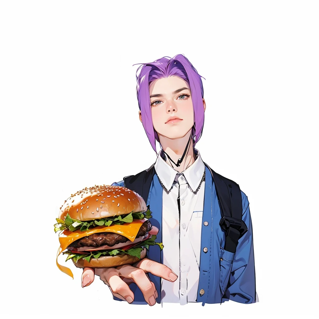 Man with abnormally long jaw holding out burger Illustration of thick lines
