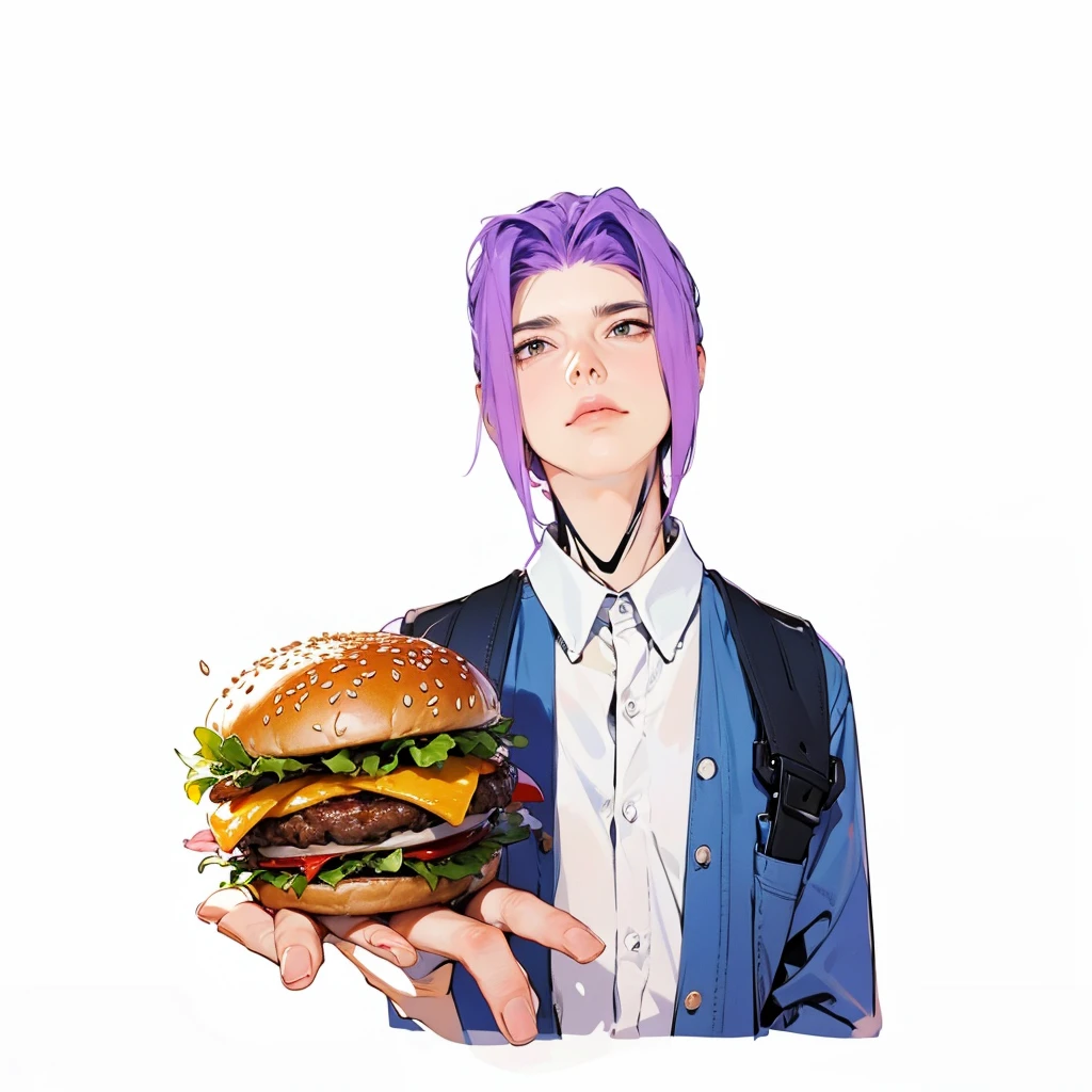 Man with abnormally long jaw　holding out burger　Illustration of thick lines