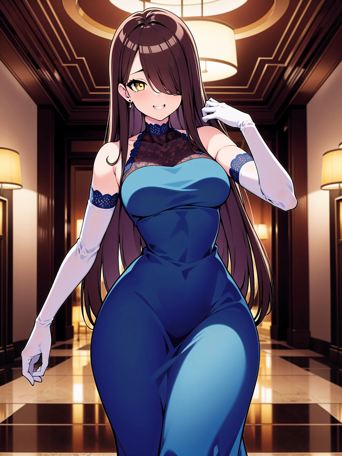 (cowboy shot), (ultra-high resolution, depth of field:1.2), 1woman, mature, brunette hair, long straight hair, yellow eyes, hair over one eye, medium breasts, (wide hips), night dress, (blue dress), elbow gloves, white lace gloves, indoors, bare shoulders, sleeveless dress, ((fancy hotel lobby)), grin