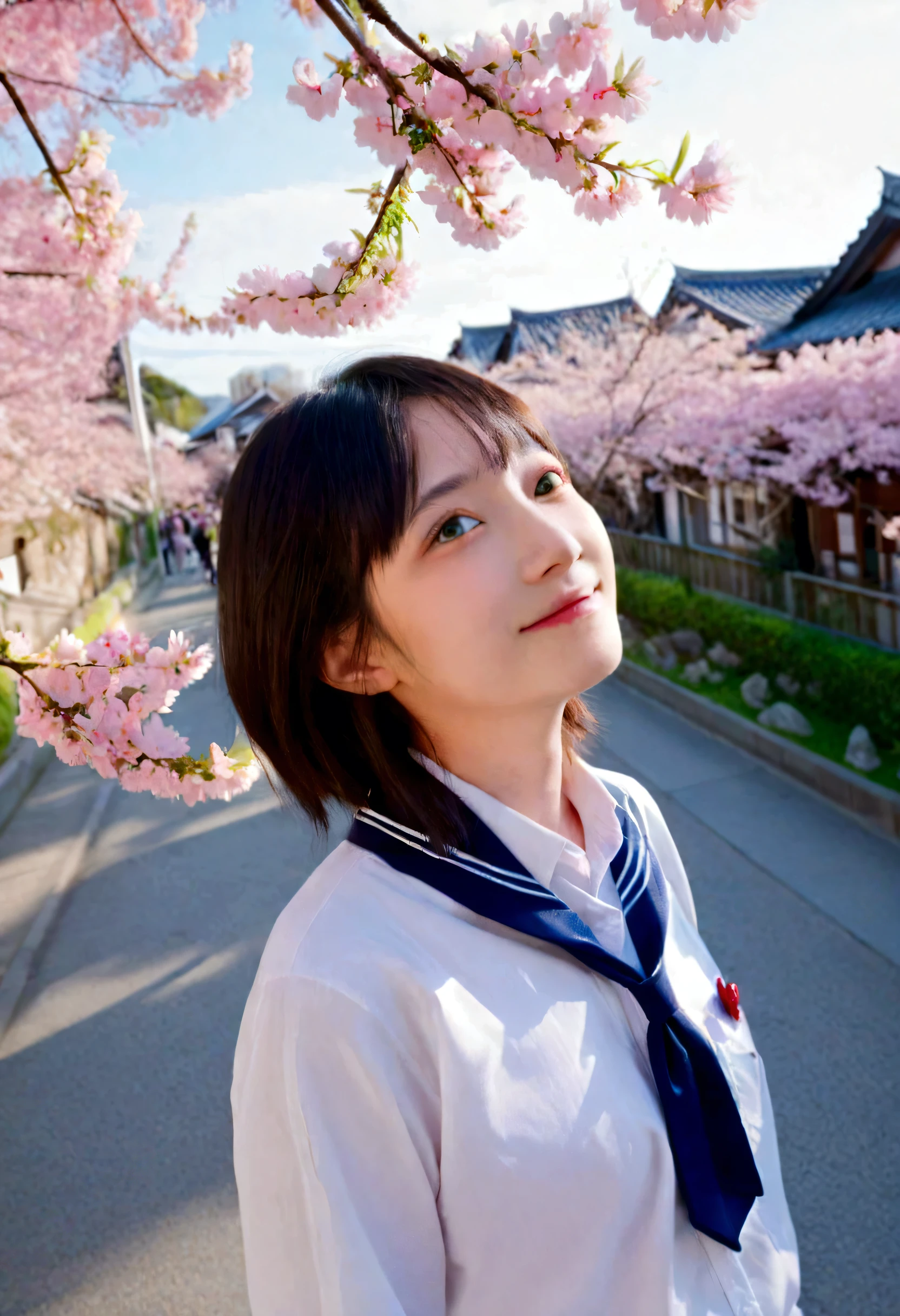 (Highest quality,masterpiece:1.3,Ultra-high resolution),(Very detailed,Caustics,8K),(Realistic:1.4,RAW shooting),1 Girl,(smile),(Looking up at cherry blossoms),18-year-old,cute,Japanese,Short black hair,(school uniform),glamorous,(big ),(Face Focus),street,cherry blossoms,Natural light,(Lens flare),Professional Writing,(Cowboy Shot),(bird's's point of view:1.2),(High position:1.4),(High Angle:1.4)