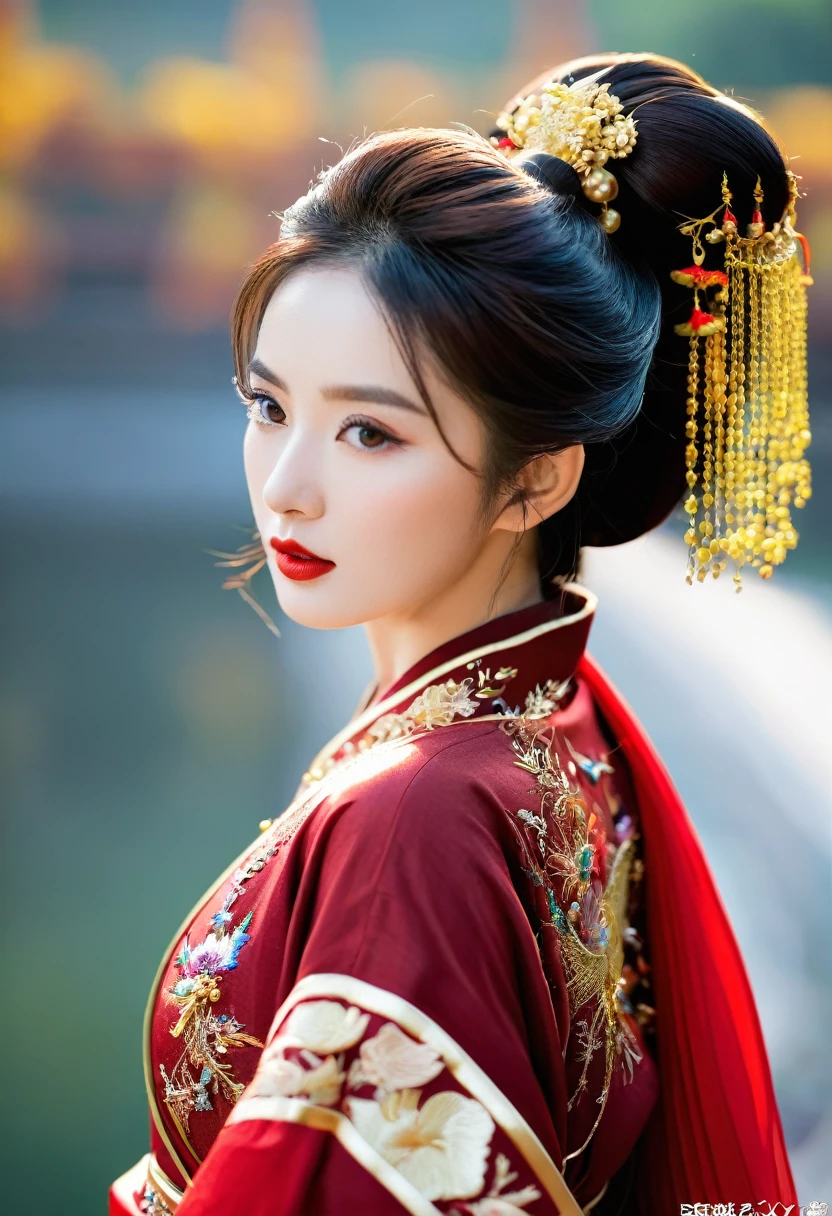 elegant woman, dark red hair, red mouth, High nose, big breastsมาก, Hanfu, red cloth, Gold Embroidery, black embroidered gold, big breasts, high ponytail,long hair, depth of field, สาวสวยกับdetailsที่สวยงาม, European face, ดวงตาและใบหน้าที่Very detailed,detailsเสื้อผ้าเยอะ, ดวงตาพร้อมdetailsที่สวยงาม, nonsense, The resolution is incredibly ridiculous., hugeFilesize, ไฮเปอร์details, High resolution, Very detailed, best quality, Masterpiece, ดวงตาพร้อมdetailsที่สวยงาม, The resolution is incredibly ridiculous., hugeFilesize, ไฮเปอร์details, High resolution, Very detailed, best quality, Masterpiece, illustration, มีdetailsและสวยงามเป็นพิเศษ, Very detailed, CG, unity, 8k wallpaper, Surprisingly, details, Masterpiece, Highest quality, วอลล์เปเปอร์ CG unity 8k ที่มีdetailsมาก(Perfect shiny skin:0.6)