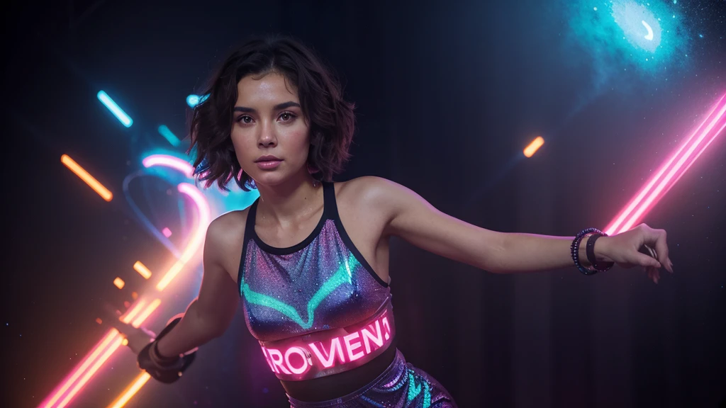 a cute, slender, aerobics instructor, very short brown hair, very short brown hair, very short brown hair, very short brown hair, very short brown hair, brown eyes, dimples, y pose; wearing a tight coverall, In a kaleidoscopic realm of swirling stardust and neon nebulae, her incandescent form outshines quasars, with obsidian tresses cascading down her silhouette. more neon psychedelic lighting, more neon psychedelic lighting, more neon psychedelic lighting, 