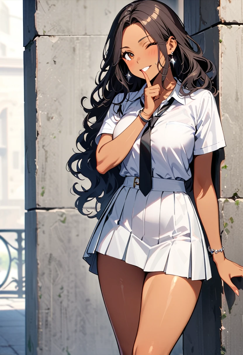 a woman, 19-years-old, solo, mature face, average height, tan skin, (long black wavy hair that's parted in the middle, no bangs:1.2), brown eyes, winking, one eye closed, white blouse, short sleeves, black necktie, black high-waisted pleated skirt, small silver earrings, silver bracelet, leaning back against concrete pillar, indoor, playfully biting finger, thighs