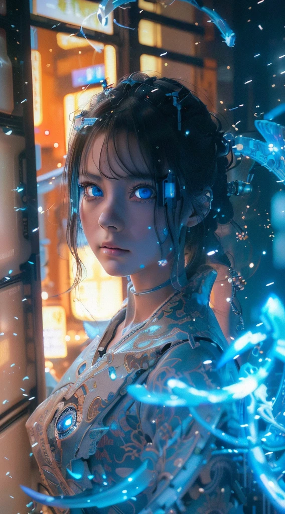 Ultra-detailed, master piece, best quality, high resolution,  detailed eyes, detailed face, (Neo Tokyo:1.5), (Cyberpunk:1.5), (Fusion with Machine:1.5), ************, very pretty and beautiful, girl with mysterious atmosphere, ghost,  in appearance, graceful in traditional Japanese costume and design, (beautiful light blue eyes:1.5), (light blue plasma around her:1.5), bio-mechanical, traditional Japanese room with elegance, long black hair, bangs, face, hands, design and (light blue plasma surrounds), biomechanical, Japanese traditional noble Japanese room, long black hair, bangs, face, hands, designs and decorations are detailed and clearly drawn, ultra realistic and realistic image with super high resolution