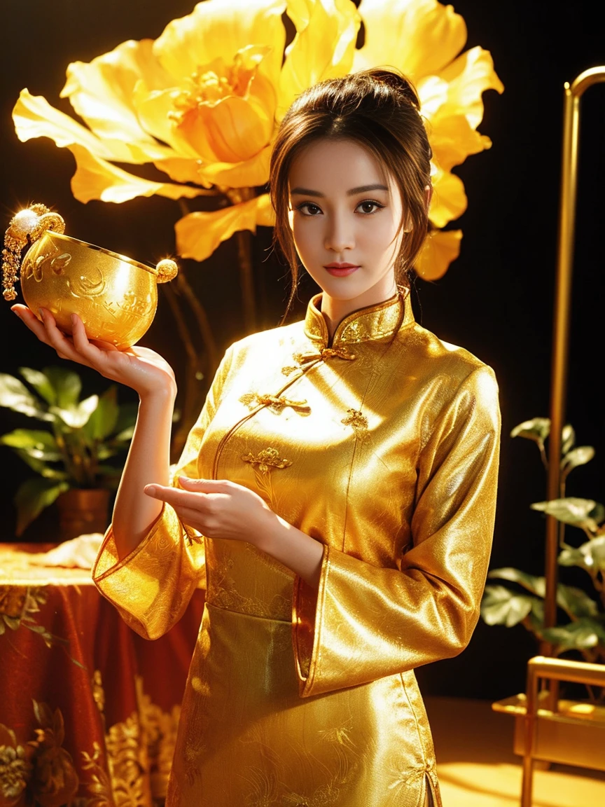 Frontal photo of the girl, Yellow cheongsam,Holding a golden bowl in the left hand,Holding a golden Ruyi in the right hand, Light solid color background