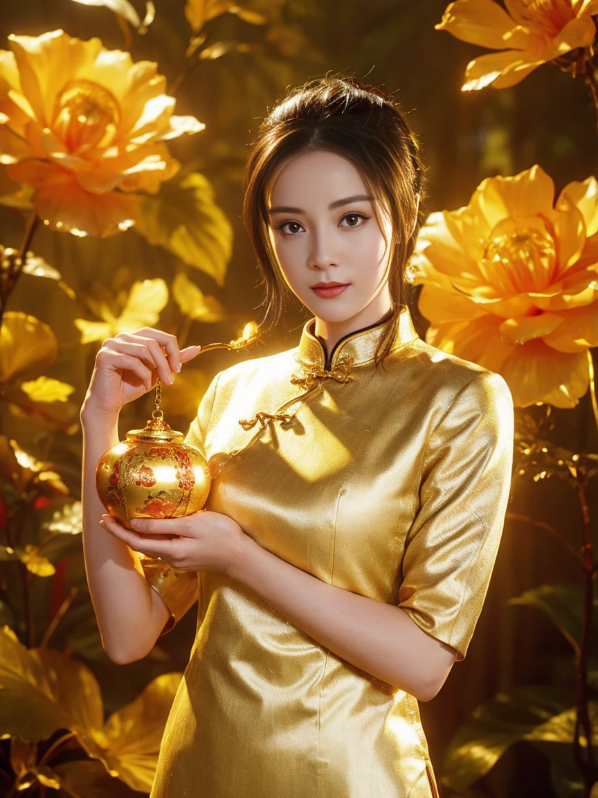 Frontal photo of the girl， Yellow cheongsam，Holding a golden bowl in the left hand，Holding a golden Ruyi in the right hand， Light solid color background