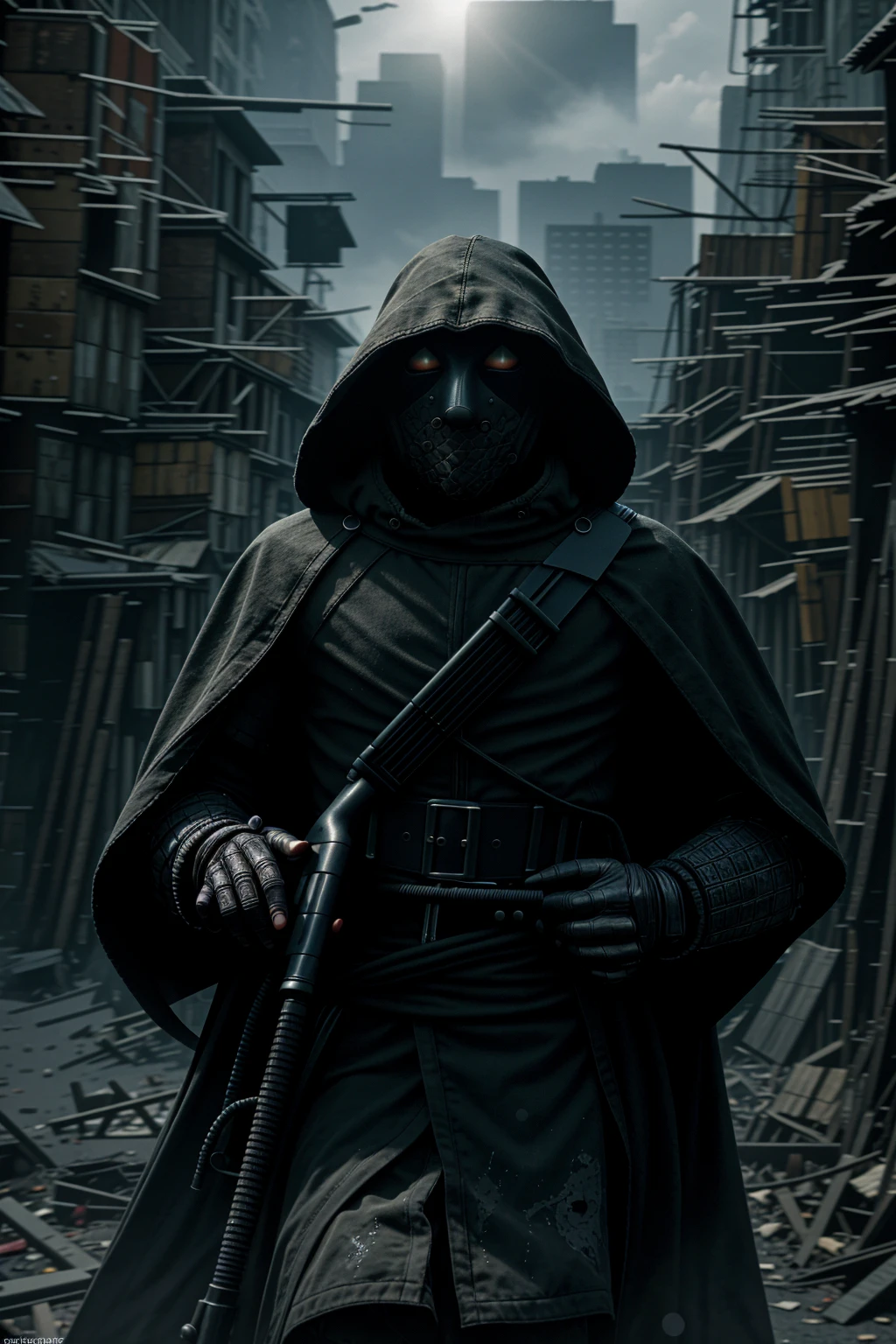 a man wearing military grade armor and padding, gear belt full of gun magazines, a tattered hood over his head, wearing a plague doctor mask, a futuristic and hastily repaired semi-automatic rifle, a regular built body, wearing a messy black cloak, bandage wraps around his arms, in a dilapidated city, city profile, hyper-realistic, sunset, very detailed plague doctor mask over his face