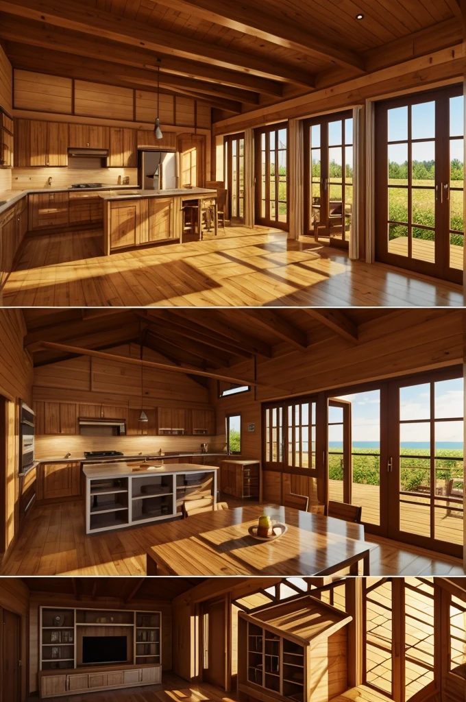 Create a 3D image of a warm family with parents and children, complete with a view of a wooden house.