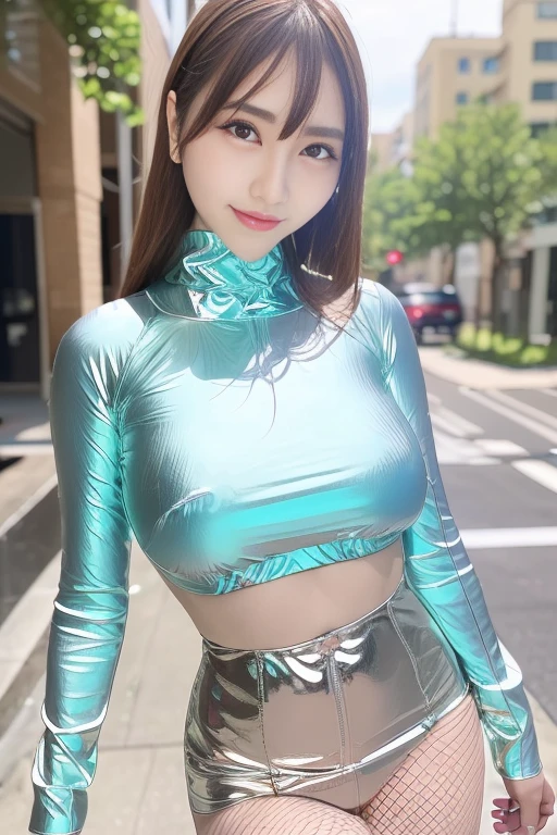 (Very beautiful young girl:1.2), ( face:1.4), (large eyes:1.2), (clear-eyed), small straight nose, small mouth, (v-line jaw:1.1), Big ,Beautiful detailed eyes, Detailed double eyelids, Long straight brown hair, See-through bangs, beautiful detailed face, drooping eyes, (Fair skin: 1.3),(16 yo:1.2),(smi,BREAK (Super Shiny metallic turquoise Tight mini Skirt :1.2),
(Super shiny white Brilliant and stylish latex summer tops:1.3) , (super large fishnet pantyhose:1.1) , Wal
Costume lighting,(costume with strong reflective surfaces:1.3),
In the street ,
(Brown hair:1.3)