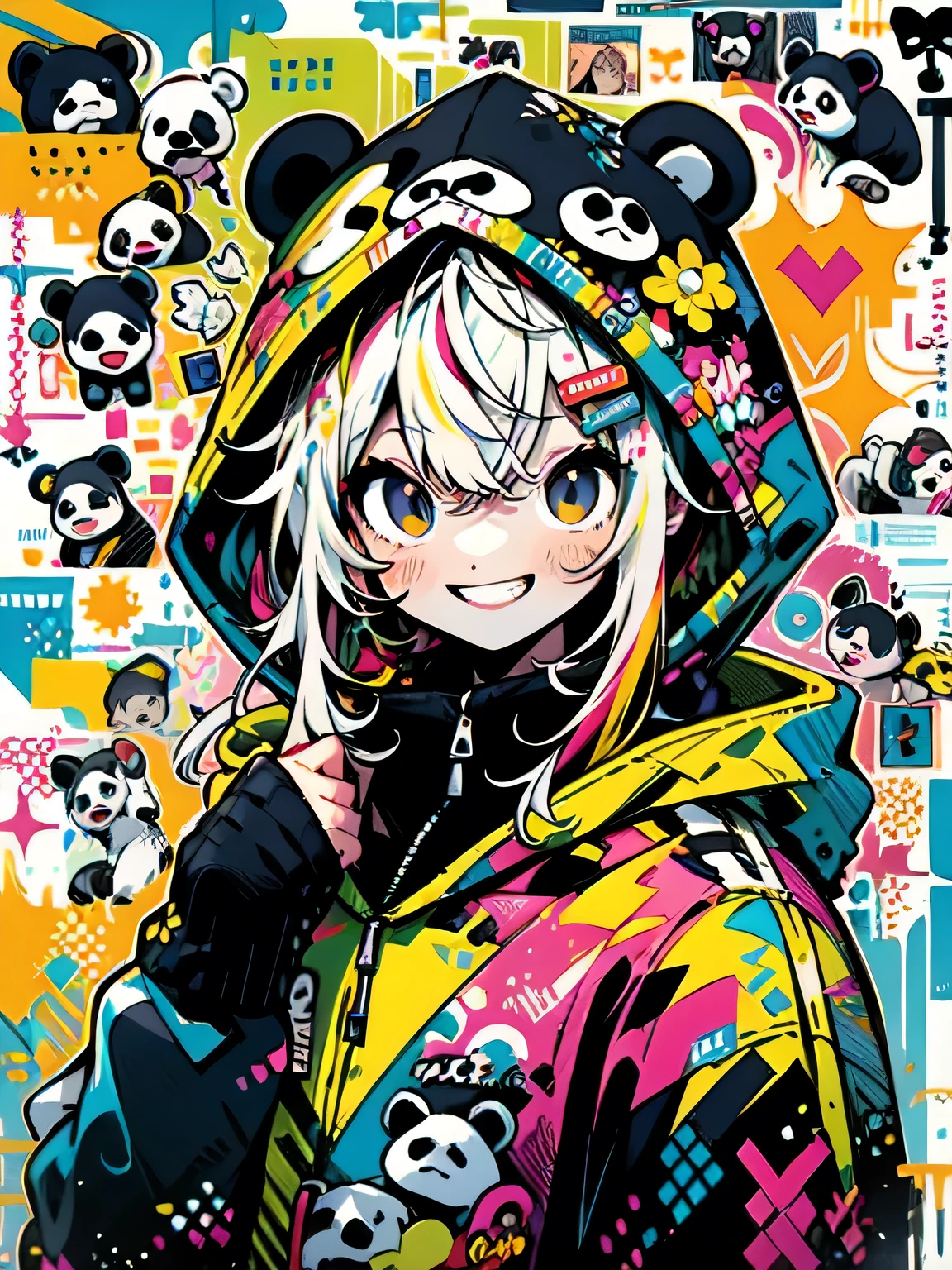 solo,upperbody,multicolor panda hoodie,punch action,grin,underfull graffiti,