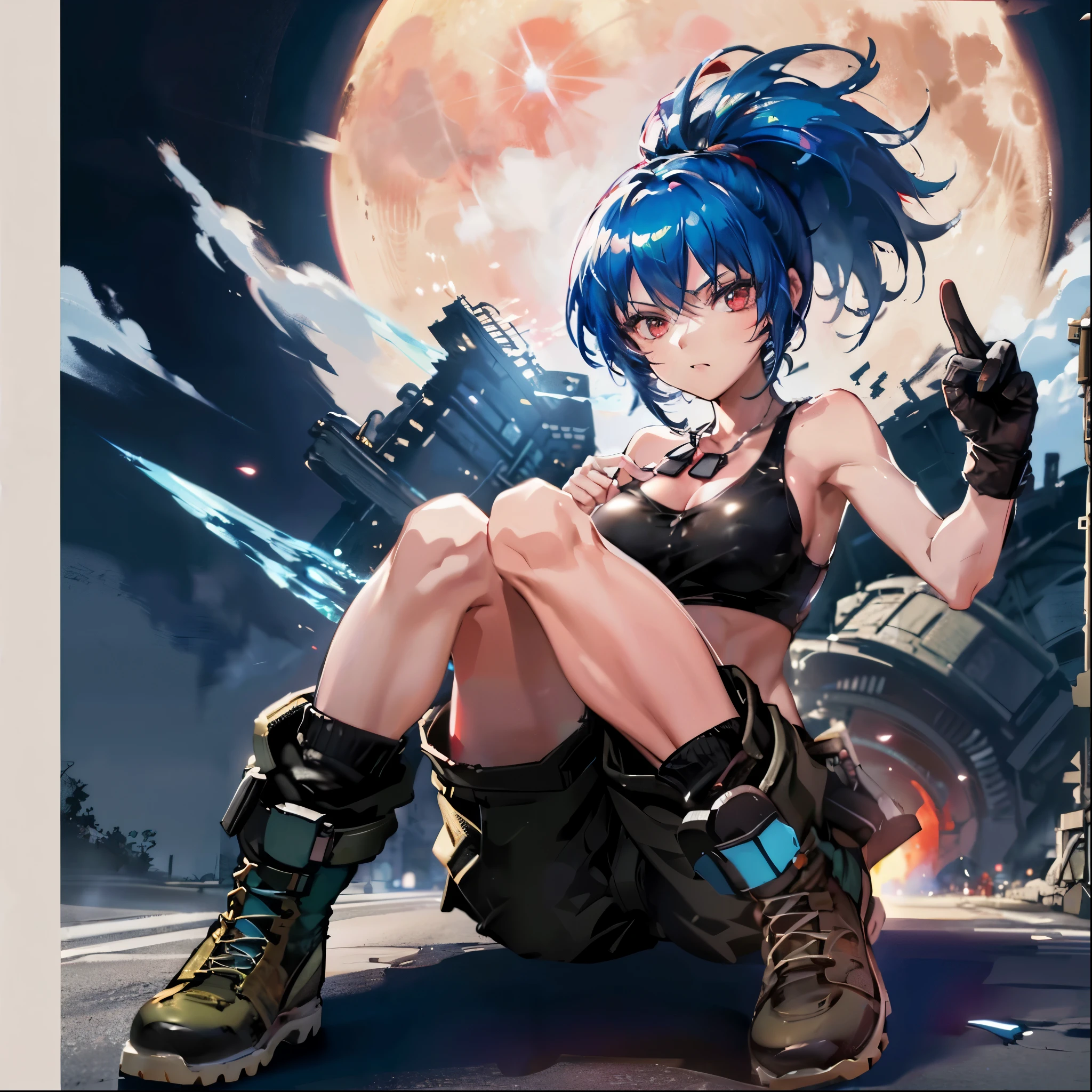 (masterpiece, highest quality, ultra high res, ultra detailed:1.3), 1 girl, ideal ratio body proportions, red eyes, (blue hair:1.2), high ponytail, unruly hair, brown tank top, military pants, military boots, bare shoulders, bare arms, open finger gloves, dog tag, full moon, night time, tank top covered nipples, 