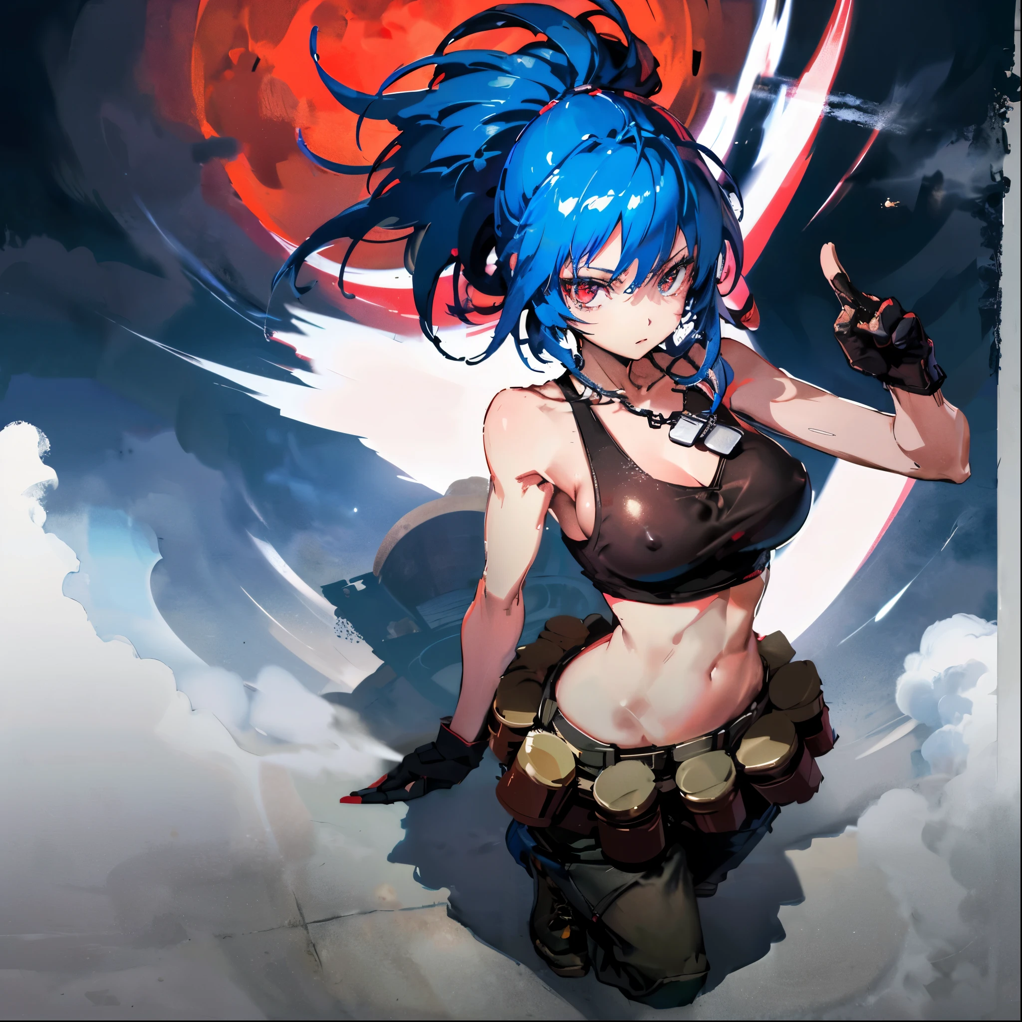 (masterpiece, highest quality, ultra high res, ultra detailed:1.3), 1 girl, ideal ratio body proportions, red eyes, (blue hair:1.2), high ponytail, unruly hair, brown tank top, military pants, military boots, bare shoulders, bare arms, open finger gloves, dog tag, full moon, night time, tank top covered nipples, 