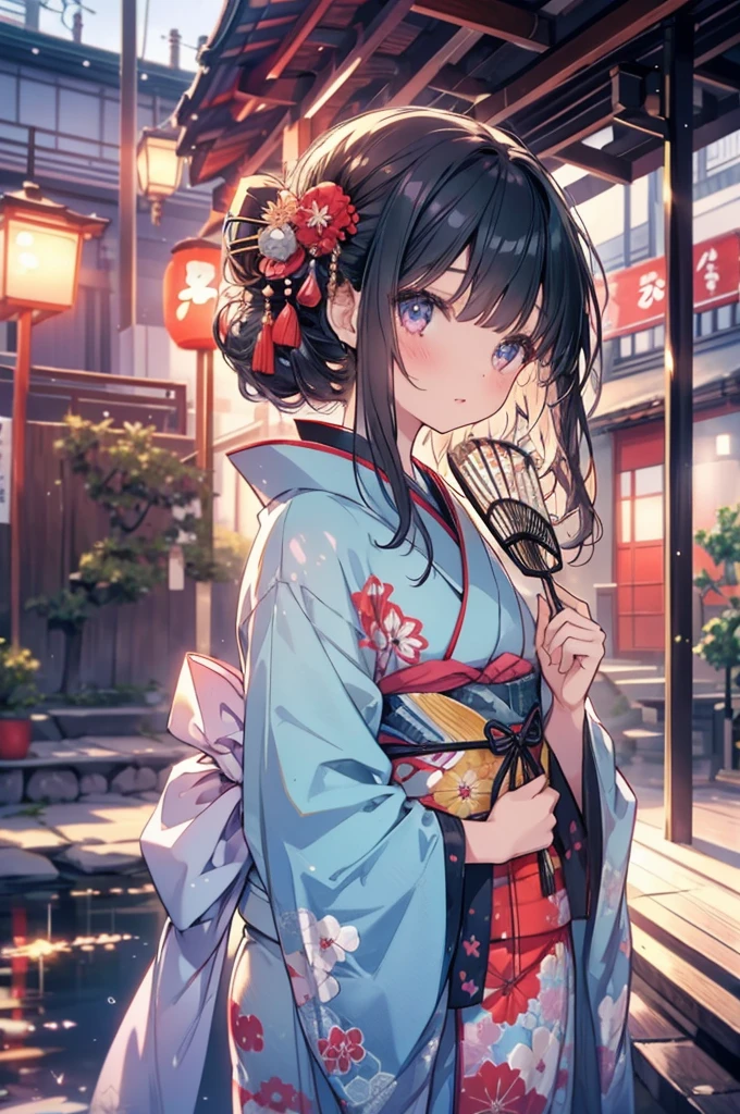 1 Girl, Japan, kimono, Holding a folding fan, good, Beautiful poop, delicate, cute, Black-haired, Narrow eyes, ((Head to waist)), masterpiece, Highest quality, super high quality