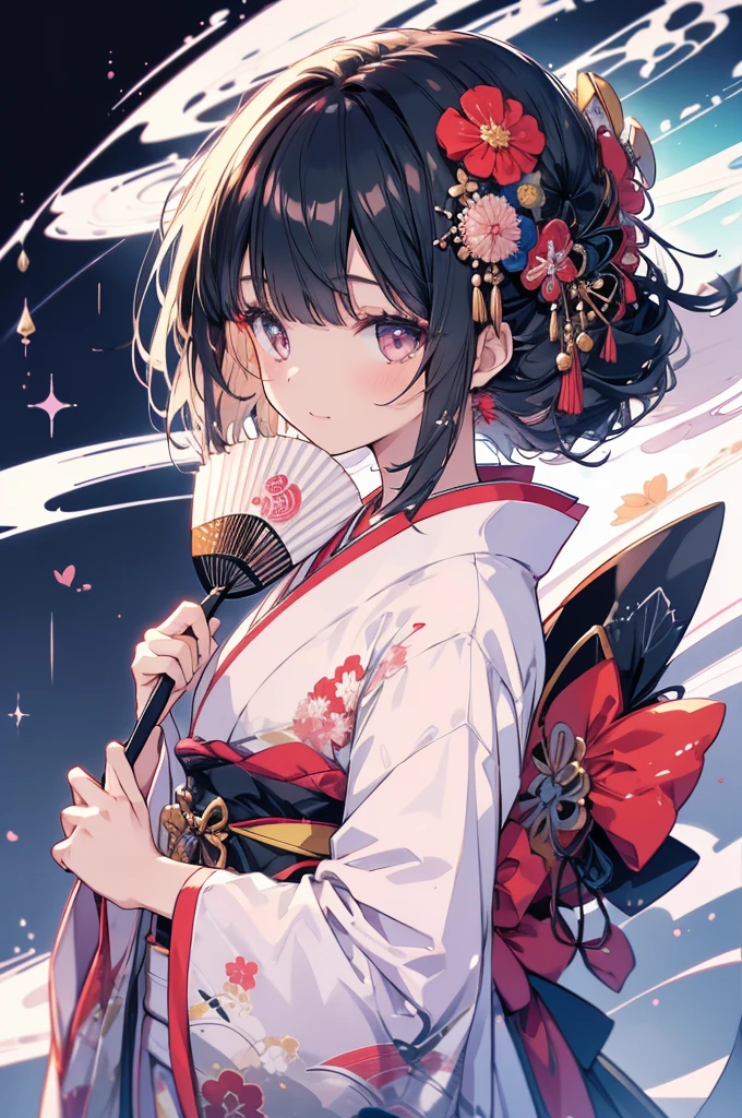 1 Girl, Japan, kimono, Holding a folding fan, good, Beautiful poop, delicate, cute, Black-haired, Narrow eyes, ((Head to waist)), masterpiece, Highest quality, super high quality