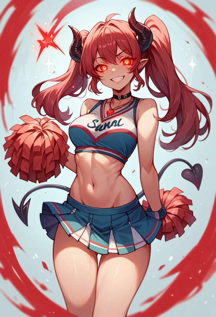  cheerleader with demon tail, big , red glowing eyes,  smile , with black tiny demon horns, wearing necklace, 