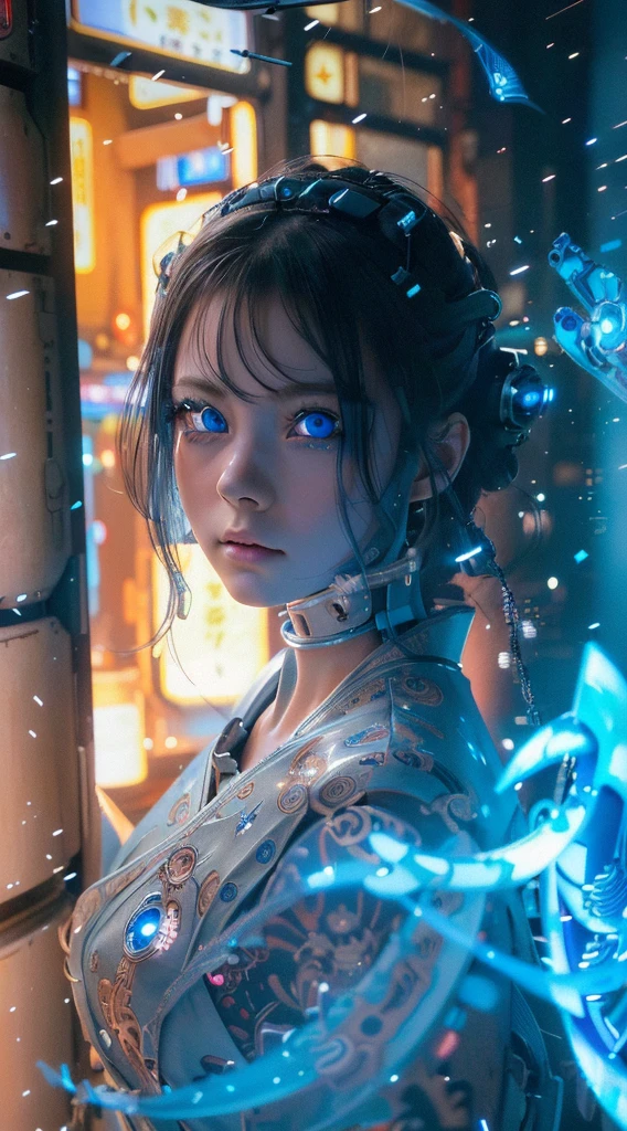 Ultra-detailed, master piece, best quality, high resolution,  detailed eyes, detailed face, (Neo Tokyo:1.5), (Cyberpunk:1.5), (Fusion with Machine:1.5), ************, very pretty and beautiful, girl with mysterious atmosphere, ghost,  in appearance, graceful in traditional Japanese costume and design, (beautiful light blue eyes:1.5), (light blue plasma around her:1.5), bio-mechanical, traditional Japanese room with elegance, long black hair, bangs, face, hands, design and (light blue plasma surrounds), biomechanical, Japanese traditional noble Japanese room, long black hair, bangs, face, hands, designs and decorations are detailed and clearly drawn, ultra realistic and realistic image with super high resolution