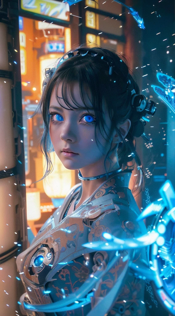 Ultra-detailed, master piece, best quality, high resolution,  detailed eyes, detailed face, (Neo Tokyo:1.5), (Cyberpunk:1.5), (Fusion with Machine:1.5), , very pretty and beautiful, girl with mysterious atmosphere, ghost,  in appearance, graceful in traditional Japanese costume and design, (beautiful light blue eyes:1.5), (light blue plasma around her:1.5), bio-mechanical, traditional Japanese room with elegance, long black hair, bangs, face, hands, design and (light blue plasma surrounds), biomechanical, Japanese traditional noble Japanese room, long black hair, bangs, face, hands, designs and decorations are detailed and clearly drawn, ultra realistic and realistic image with super high resolution