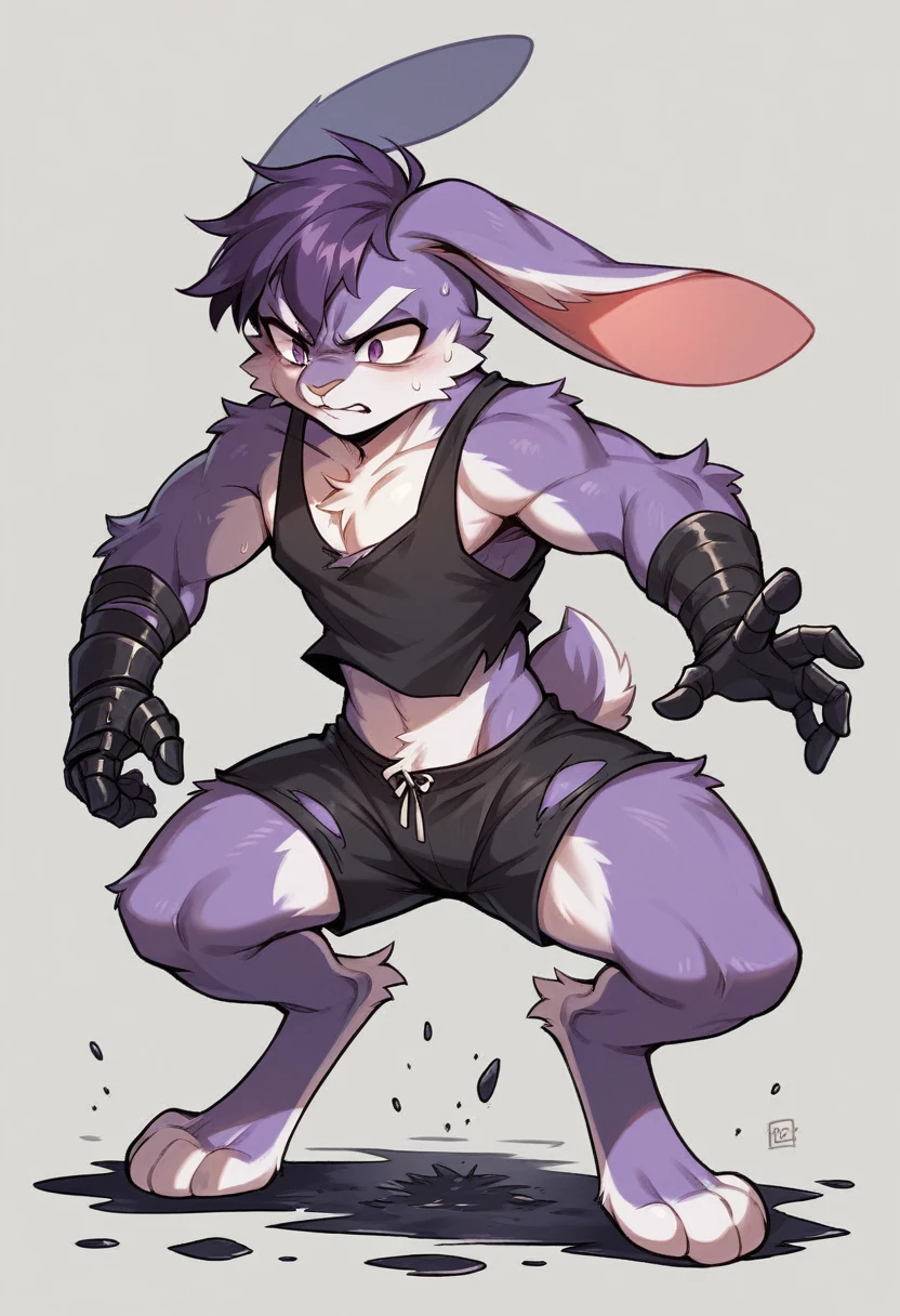 create a picture of a female half rabbit character with purple giant rabbit digitigrade legs with white paws, put purple rabbit ears on top of her head, make her wearing a black athletic tank top and black shorts, put purple fur on her arms from her elbows down, give her short brown hair, make her legs look fluffy and furry, make it in an anime style, make her outfit slightly tattered and torn, make her look super tired, give her black gauntlets, make the background look like a pitch black wet environment, make her fighting a tough battle against a void creature
