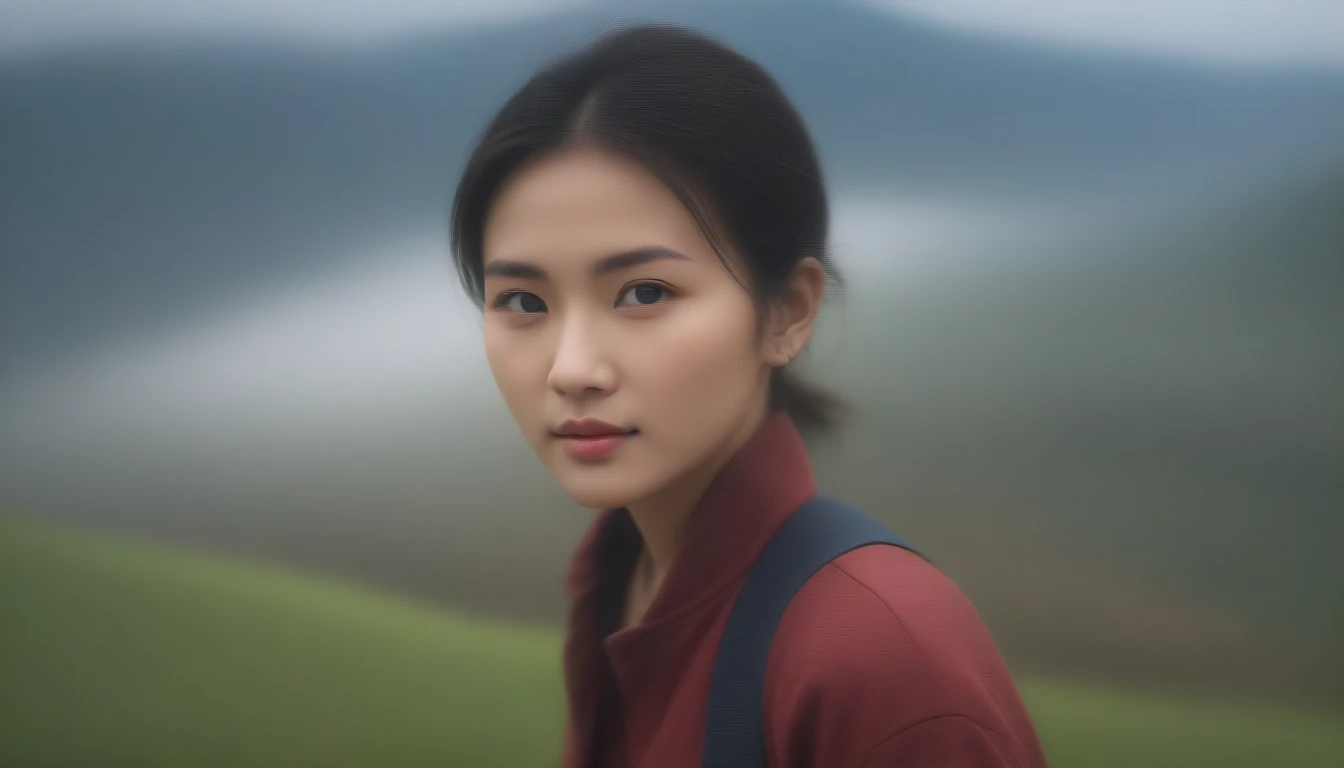 Beautiful Korean Woman, Chest size 34 inches, Wear a long-sleeved shirt and pants, Foggy scenery of Sapa, Vietnam, A terraced rice field is visible, short medium hair, Taken from a distance with a wide angle lens, Realistic living landscape, Front photo facing the camera, best picture quality, Short medium hair blowing in the wind, slight smiling, I can&#39;t see because of the fog