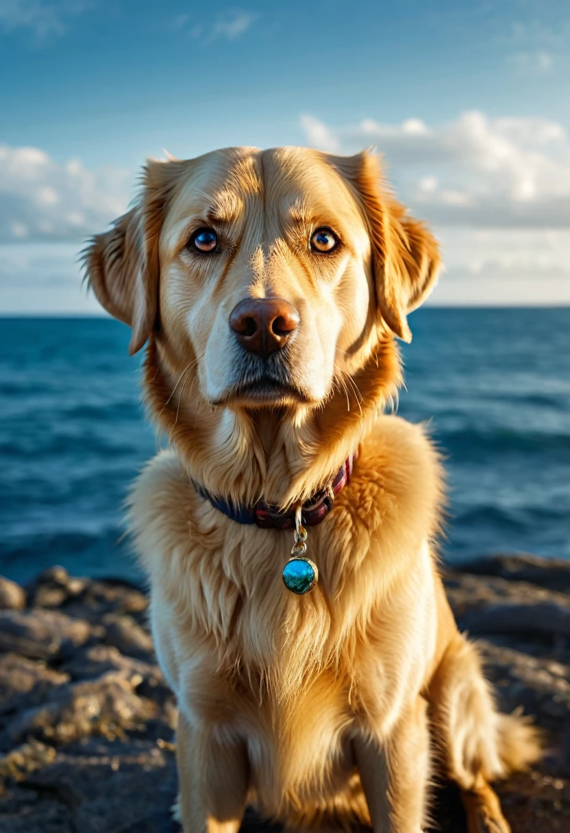 Image of a golden dog ,magical dog , deep ocean colour eyes , labradog , golden fur , magical background scenery , dog looking at the camera , bright light
