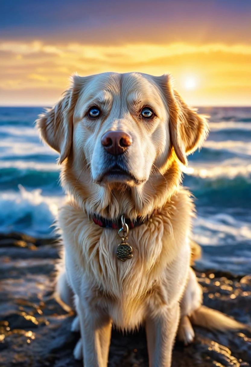 Image of a golden dog ,magical dog , deep ocean colour eyes , labradog , golden fur , magical background scenery , dog looking at the camera , bright light 