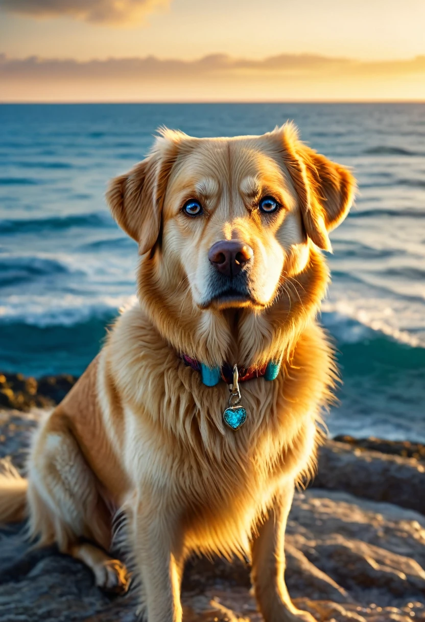 Image of a golden dog ,magical dog , deep ocean colour eyes , labradog , golden fur , magical background scenery , dog looking at the camera , bright light 