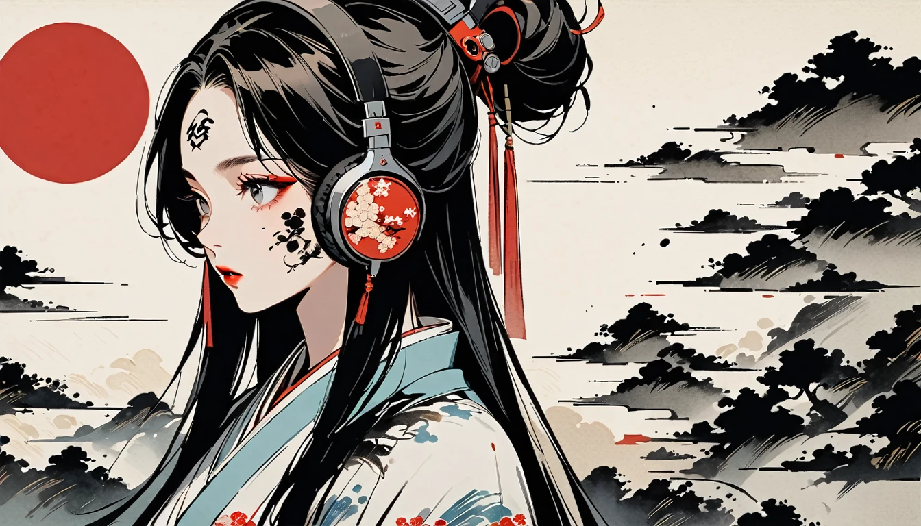 Ink Painting, (((1 girl))), (((Tattoo on face))), Japanese style headphones, Crazy beautiful girl, Black Hair, Delicate and precise, Modern ukiyo-e style,