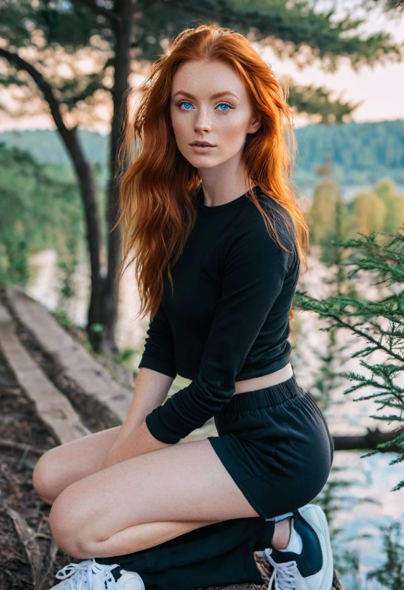 Redhead model with blue eyes, best quality, stands at the edge of the forest, in the back, ein See, many trees, bright sky with sun. Clothing black sweatpants, white top, white sneakers, small earphone in the ear, heard Music. looks into the camera