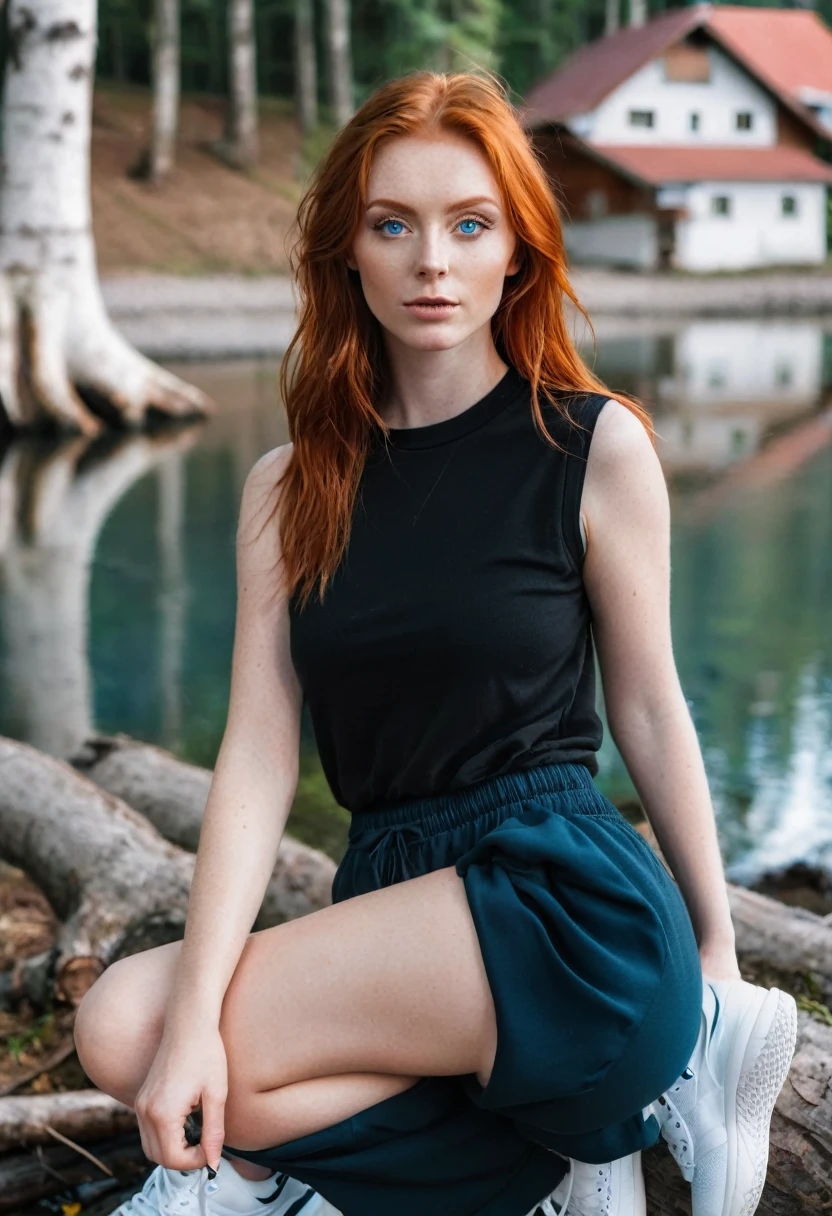 Redhead model with blue eyes, best quality, stands at the edge of the forest, in the back, ein See, many trees, bright sky with sun. Clothing black sweatpants, white top, white sneakers, small earphone in the ear, heard Music. looks into the camera