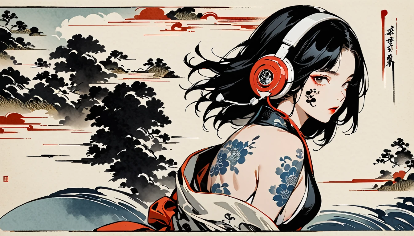 Ink Painting, (((1 girl))), (((Tattoo on face))), Japanese style headphones, Crazy beautiful girl, Black Hair, Delicate and precise, Modern ukiyo-e style, 