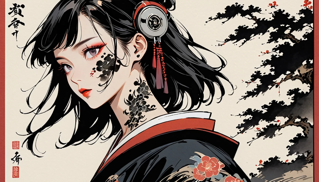 Ink Painting, (((1 girl))), (((Tattoo on face))), Japanese style headphones, Crazy beautiful girl, Black Hair, Delicate and precise, Modern ukiyo-e style,