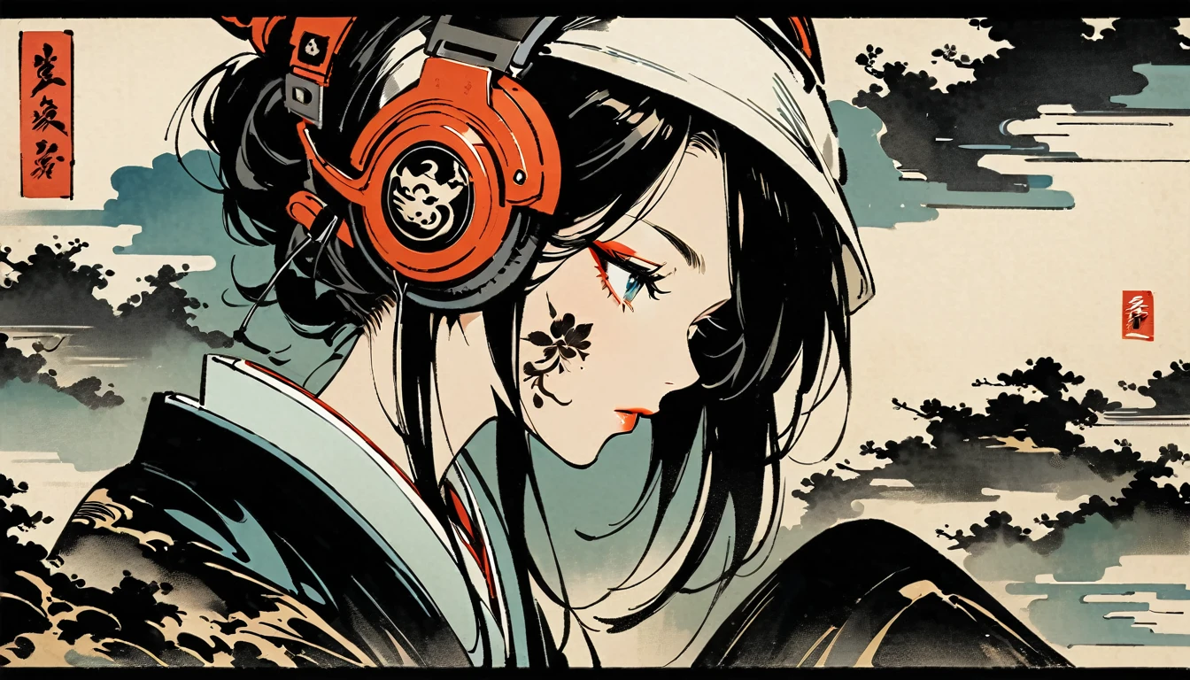Ink Painting, (((1 girl))), (((Tattoo on face))), Japanese style headphones, Crazy beautiful girl, Black Hair, Delicate and precise, Modern ukiyo-e style,