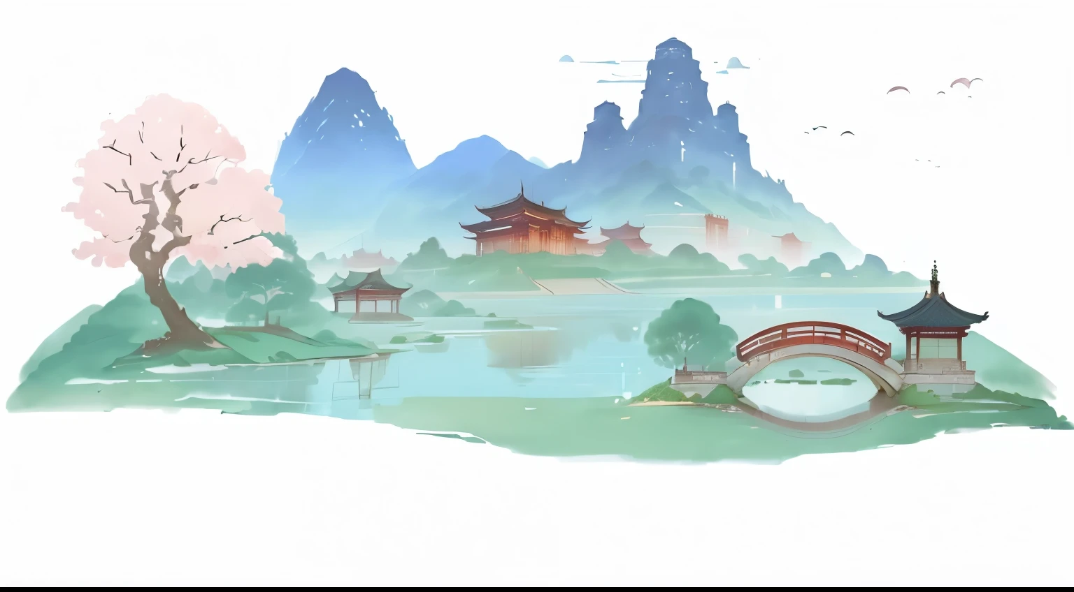 There is a beautiful landscape painting，There is a bridge and a tower，landscape illustration，Temple Background，Ancient city landscape，Chinese watercolor style，Tranquility illustration，Landscape art details，Beautiful artwork illustration，Anime Landscape