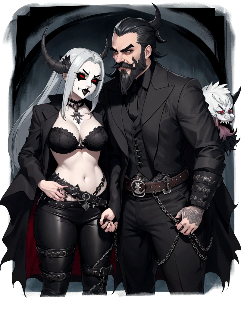 Eu tenho beard and mustache estilo drácula, beard and mustache, naughty man, Gothic style, I have a gengar by my side, gengar as companion, gothic background, waist up